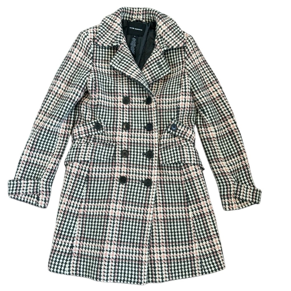 Club Monaco wool plaid pink gray collegiate preppy classic double breasted coat